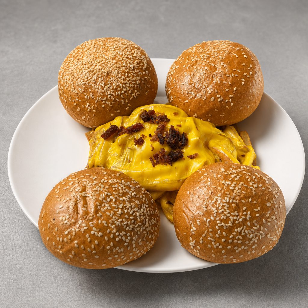 4 Cheese Burgers with Cheese Fries.